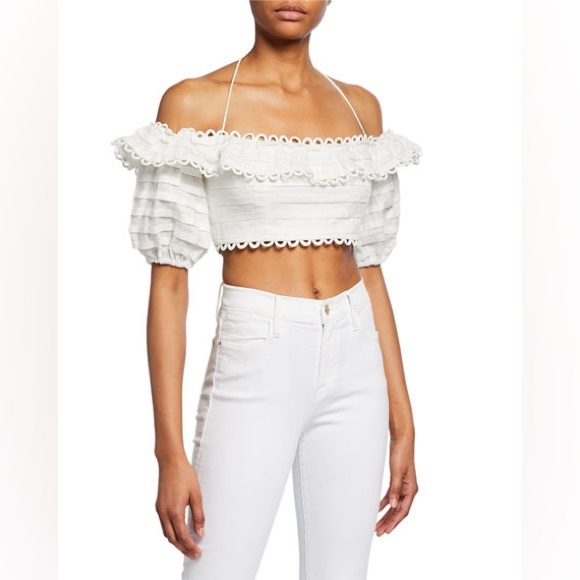 ZIMMERMANN Allia Loop Lace Off-The-Shoulder Short Sleeve Crop Top Zimmermann 1 - Picture 9 of 13